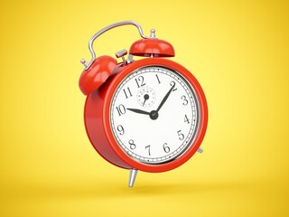 3D rendering red alarm clock isolated on yellow background