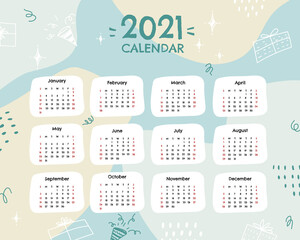 Calendar 2021 in a modern style. Planner for 2021 with all months in a delicate palette of colors. Abstract vector calendar 2021