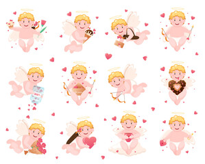 Fototapeta premium Valentine's Day elements cupids isolated on white background. Cartoon angels in different poses with hearts and gifts around the lettering