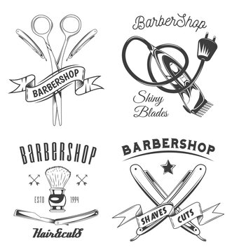 Set of logotype for barbershop in vintage style. Barber shop logo flat vector design emblem with barber objects sign and lettering. Hairdressing salon signboard. Style haircut banner poster