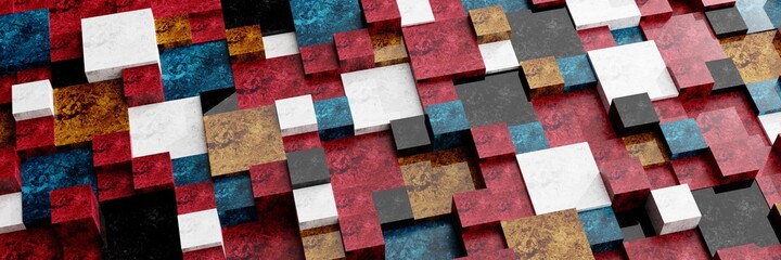 Fototapeta premium Futuristic background texture of geometric shapes with colored marble texture. Banner. 3d illustration