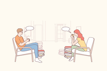 Coffee break, rest and relax concept. Two friends students workers or colleagues sitting communicating and drinking tea or coffee together during break or lunch time vector illustration
