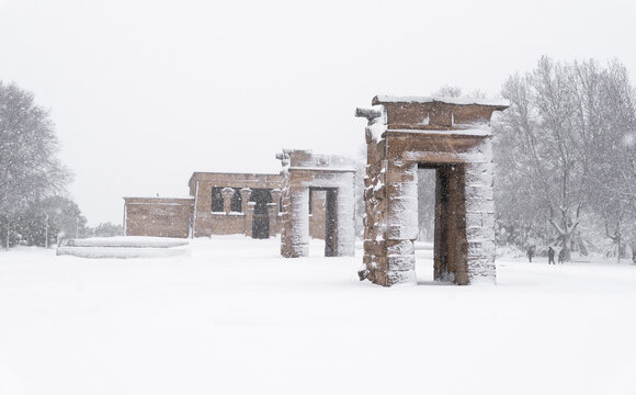 Temple of Debod covered in snow during the historic snowfall and coronavirus pandemic