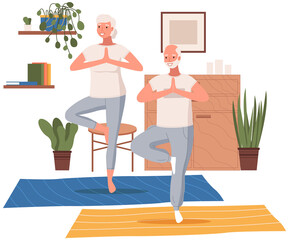 Elderly people doing yoga exercises in different poses together at home. Healthy active lifestyle retiree. Sport for grandparents, elder fitness, yoga for seniors. Man and woman engaged in athletics