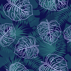 Naklejka na ściany i meble Seamless tropical pattern with white contour monstera leaves. Exotic monstera leaves on a dark background from tropical leaves. Jungle leaves seamless vector floral pattern background