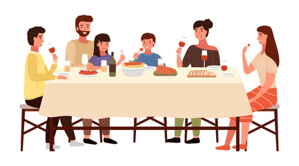 Family at an Italian-style evening dinner. Relatives are communicating at the dining table. Table with pasta and meat steak. Parents drink red wine and children eat snacks. People eating italian food