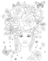 beauty girl with floral hairstyle for your coloring book