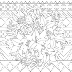 beauty bouquet of roses and lilies against patchwork pattern for