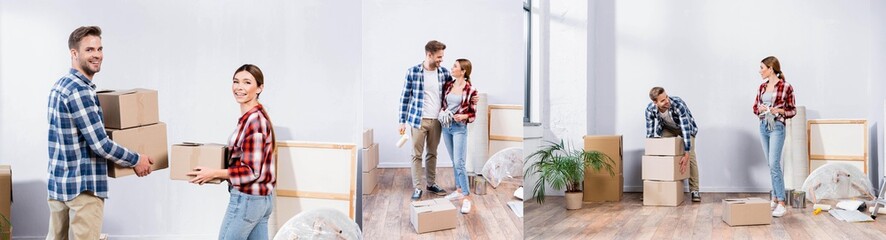 collage of young man and woman holding gloves and boxes, hugging and looking at camera indoors, banner