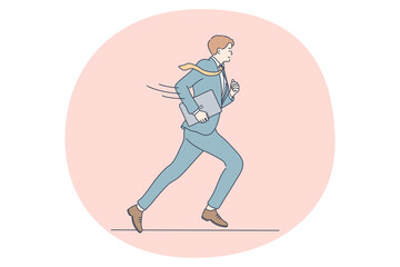 Deadline, time management, business development concept. Young businessman cartoon character in suit and tie running to meeting feeling late with laptop or briefcase in hands vector illustration