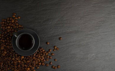 Hot coffee cup and coffee beans on black background top view