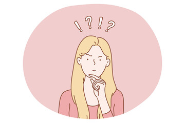 Frustration, doubt, having no idea concept. Young confused woman cartoon character standing and expressing frustration with difficult situation trying to find solution in head vector illustration