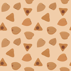 Buckwheat grains seamless pattern. Cartoon vector food ingredient brown background.