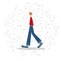 Casual weared teenager listens to music with headphones. Music notes background. Character vector illustration.