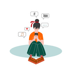 Casual weared teenager girl sits with mobile smartphone and takes messages surfing Internet. Social media, Internet connection, online communication. 