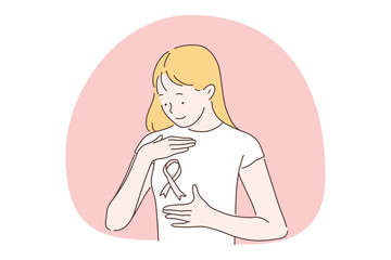 Awards ribbons and pride concept. Smiling young girl cartoon character standing and looking at victory or union sign ribbon on t-shirt and feeling proud and cheerful vector illustration