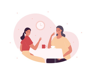 Family eating together concept. Vector flat person illustration. Mother with daughter sitting at dining table with coffee or tea cup drink. Happy parent with child breakfast in restaurant.