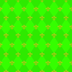 Mardi Gras seamless pattern with Fleur De Lis; green rhombuses; holiday background for greeting cards, invitations, posters, banners.