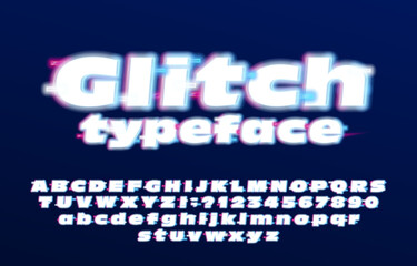 Glitch alphabet font. Glowing letters and numbers. Stock vector illustration.