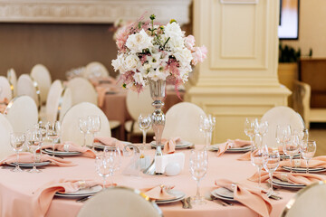Restaurant pink wedding tables, banquet, table server