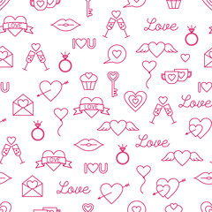 Fototapeta premium Valentine’s Day seamless background. Love and wedding outline icons set. Stock vector illustration.