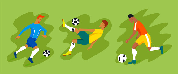 Football players in different poses. Vector set of icons. Male athletes run, jump, score a goal. American football players. Vector illustrations in modern flat style.