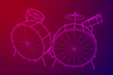 Musical instruments set. Rock band drum kit. Percussion musical instrument drums, stick and cymbal. Wireframe low poly mesh vector illustration.