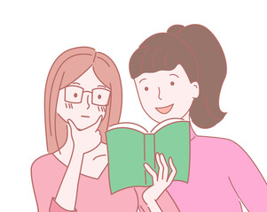 Pretty girl wearing eyeglasses reading book with her friend. Cute cartoon characters girls. Isolated at white portrait of reading clever girls. Simple avatar of young females with book, thoughtful