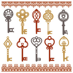 Set of templates and stencils of decorative keys, vintage style monogram and two openwork borders, color vector illustration of isolated elements on a white background, bookmark for books, design, dec