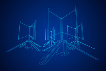 Darrieus wind turbine. Windmill generator wireframe low poly mesh. Vector illustration