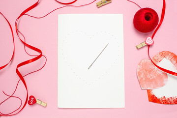 step 2 DIY red thread card on white cardboard, concept of valentine's day, mother's day