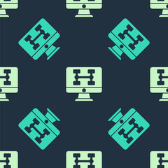 Green and beige Hardware diagnostics condition of car icon isolated seamless pattern on blue background. Car service and repair parts. Vector.