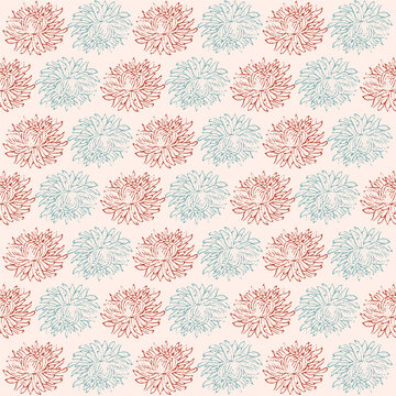 Vector pattern of orange and blue chrysanthemum flower. Square vector chrysanthemum pattern on cream background. Vector illustration of a chrysanthemum flower.