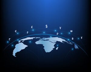 Business network and global currency exchange icons on the world map