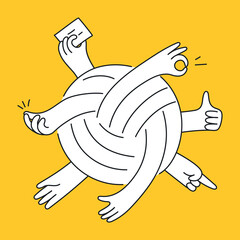 Multitasking, problem-solving, multifunctionality, the scope of work. Knot from the hands of people holding different tools or showing different signs. Outline vector illustration on white.