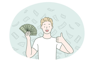 Money, profit, wealth concept. Young happy man cartoon character holding heaps of cash currency in hands, celebrating luck of earning profit and showing thumbs up illustration. Cash finance savings 