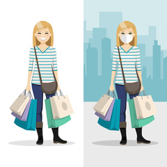 Blonde hair woman with shopping bags with mask and without mask. People vector illustration