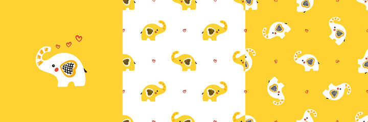 Cute Baby Elephant. Vector Set of Poster or Print and Seamless Patterns with Little Elephants and Hearts. Yellow Backgrounds for Kids. Perfect for Birthday or Baby Shower Decor
