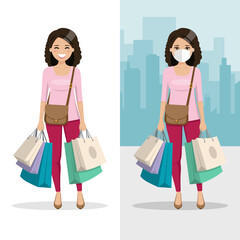 Brown and curly hair woman with shopping bags with mask and without mask. People vector illustration