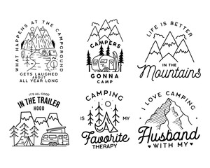 Vintage line art logo designs set. Camping adventure badges emblems. Camp label, hiking insignias bundle. Silhouette linear concept. Stock vector collection - obrazy, fototapety, plakaty