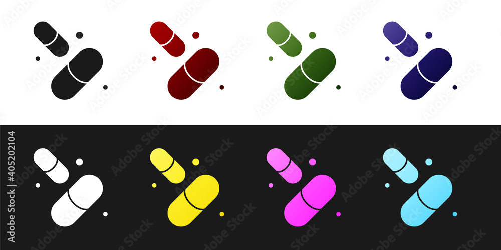 Wall mural Set Vitamin complex of pill capsule icon isolated on black and white background. Healthy lifestyle. Vector.