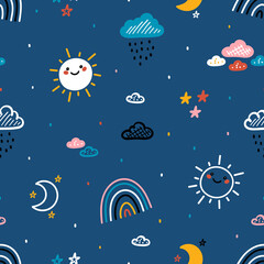 Colorful Baby Pattern with Rainbow, Sun, Rain Clouds, Moon and Stars. Blue Sky Background. Vector Seamless Pattern with Weather Elements. Bright Wallpaper for Kids Fashion, Nursery, Baby Shower design
