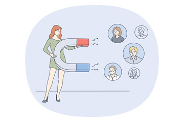 Marketing, selection, leadership concept. Young positive business woman human resources specialist cartoon character standing with magnet and selecting good candidates for company 