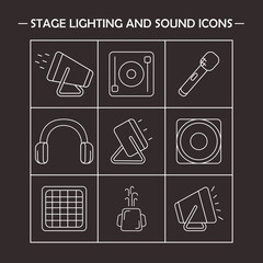 Stage lighting and sound equipment icon set. Vector editable line elements