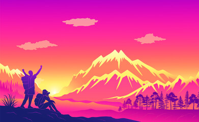Naklejka premium Beautiful mountaine landscape background sunset time. Silhouette of a tourist man photographer taking a photo and a male person traveler with a backpack on his shoulders raising his hands up