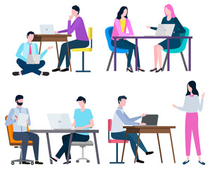 Man and woman working in office vector, isolated set of workers. Boss and employees, developers with laptops and computers with information flat style