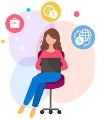 Woman with laptop orders goods via network. Online shopping using computer vector illustration. Female character works with technology and chooses things on site. Business transactions on the Internet