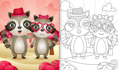 coloring book for kids with a cute raccoon couple themed valentine day
