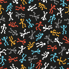 Stick Man Icons Seamless Pattern. Colorful Background from People Stick Figures in Different Poses. Stickman Repeating Texture. Various Human Signs Vector
