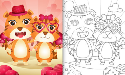 coloring book for kids with a cute tiger couple themed valentine day